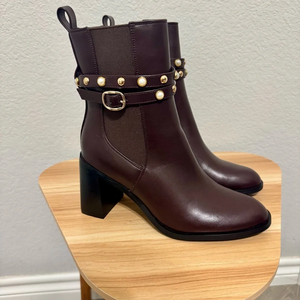 Torgeis Women's Ivy Brown Studded Heel Block Booties Size 8